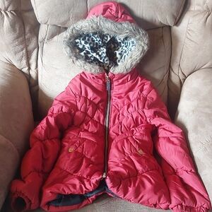 ❄️ Maroon Red Puffer Jacket with Faux Fur Hood